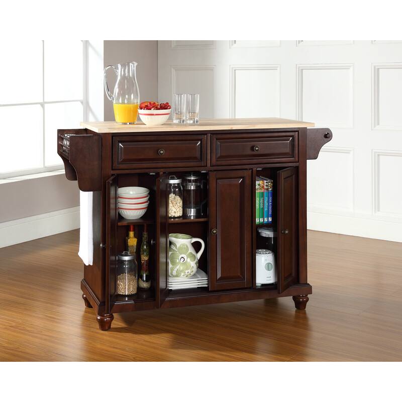 Crosley Cambridge Natural Wood Top Kitchen Island in Vintage Mahogany Finish - 18"d x 51.5"w x 34"h