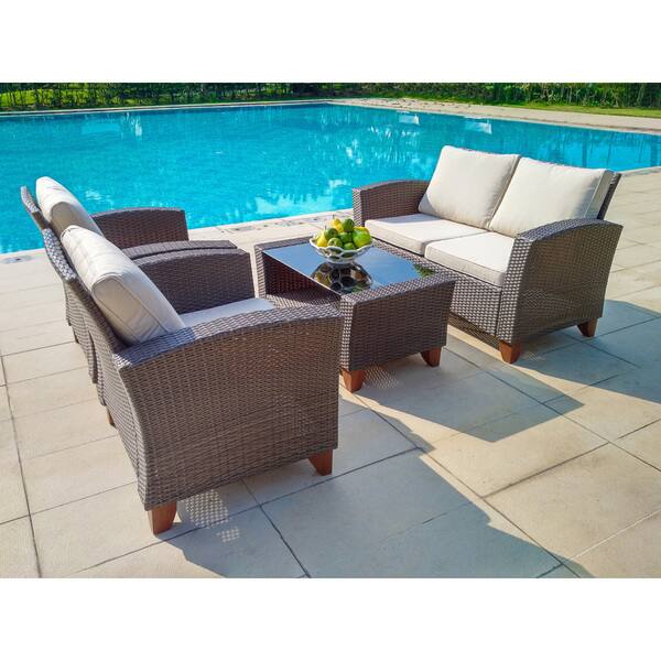 Grey Brown Wicker Steel Weatherproof 4 Piece Outdoor Garden Weatherproof 4 Piece Outdoor Garden