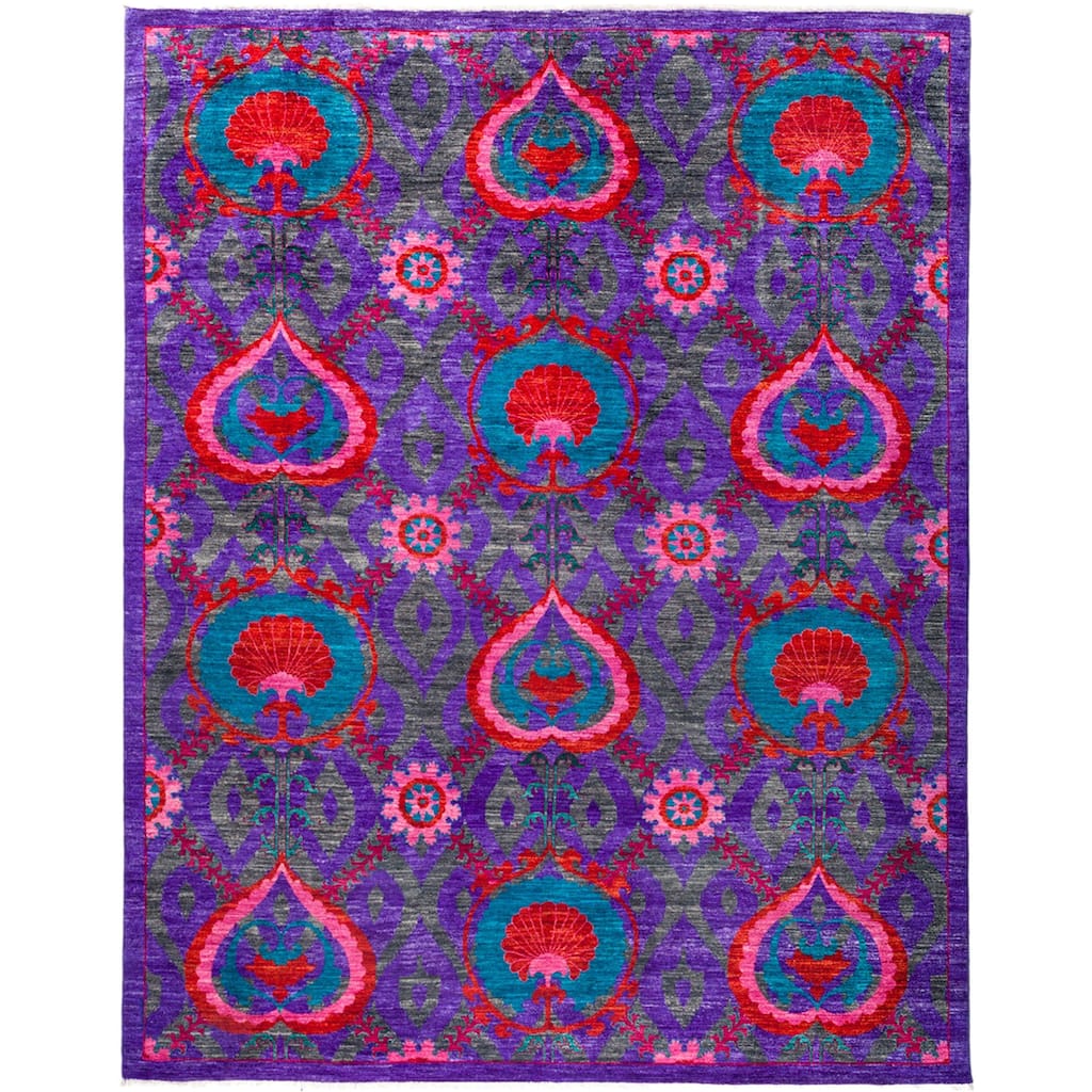 Patterned & Floral, One-of-a-Kind Hand-Knotted Area Rug - Gray, 8' 1" x 10' 5" - 8'1" x 10'5"