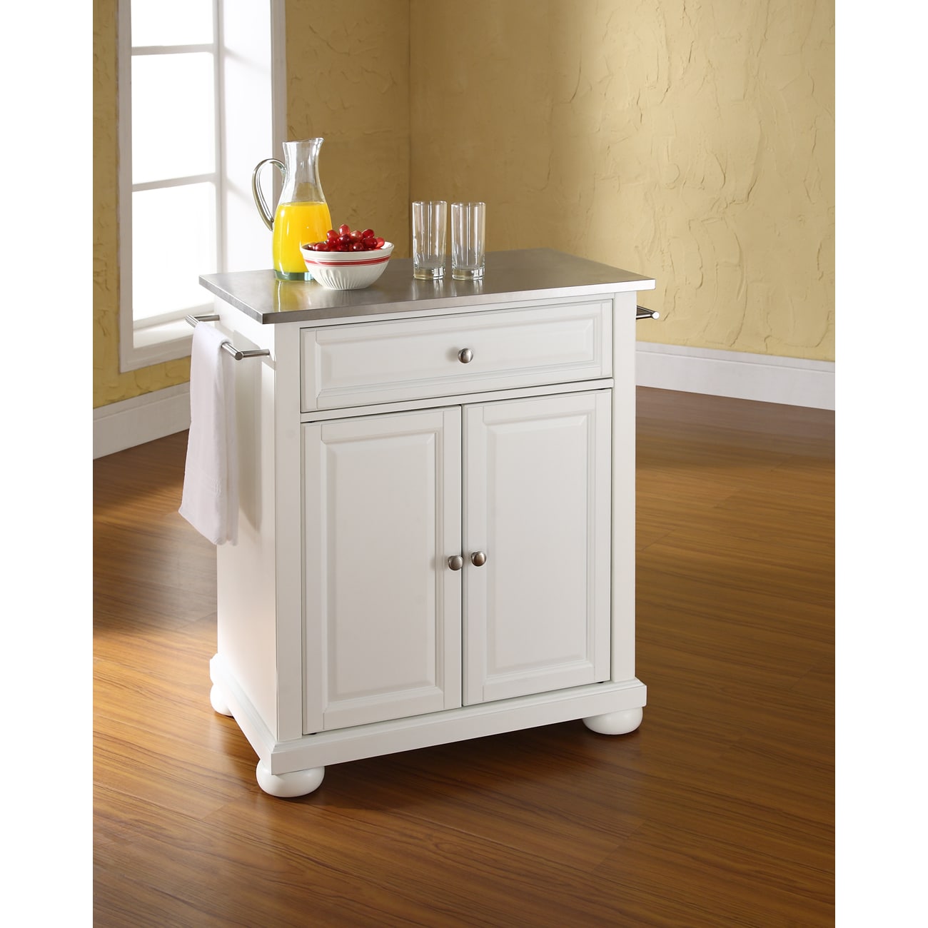 Alexandria White Wood Portable Kitchen Island With Stainless Steel