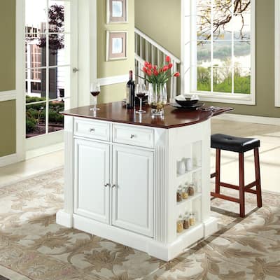 Coventry Drop Leaf Breakfast Bar Top Kitchen Island in White Finish with 24" Cherry Upholstered Saddle Stools