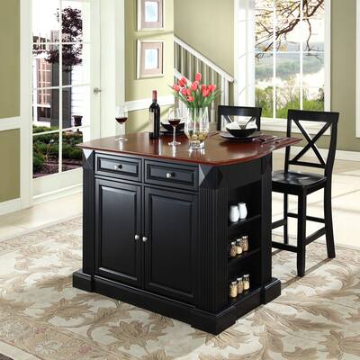 Coventry Drop Leaf Breakfast Bar Top Kitchen Island in Black Finish with 24" Black X-Back Stools