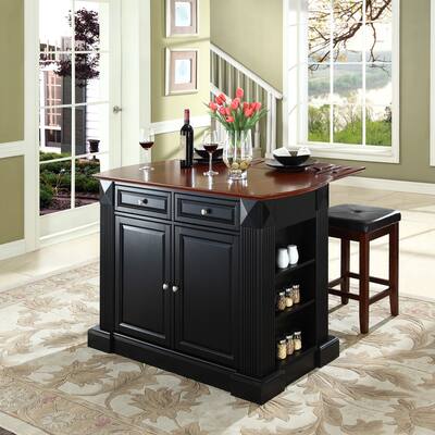 Coventry Drop Leaf Breakfast Bar Top Kitchen Island in Black Finish with 24" Black Upholstered Square Seat Stools