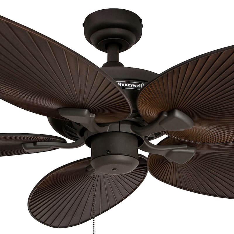 52" Honeywell Palm Island Bronze Indoor/Outdoor Ceiling Fan with No Light, Pull Chain, 5 Palm Leaf Blades