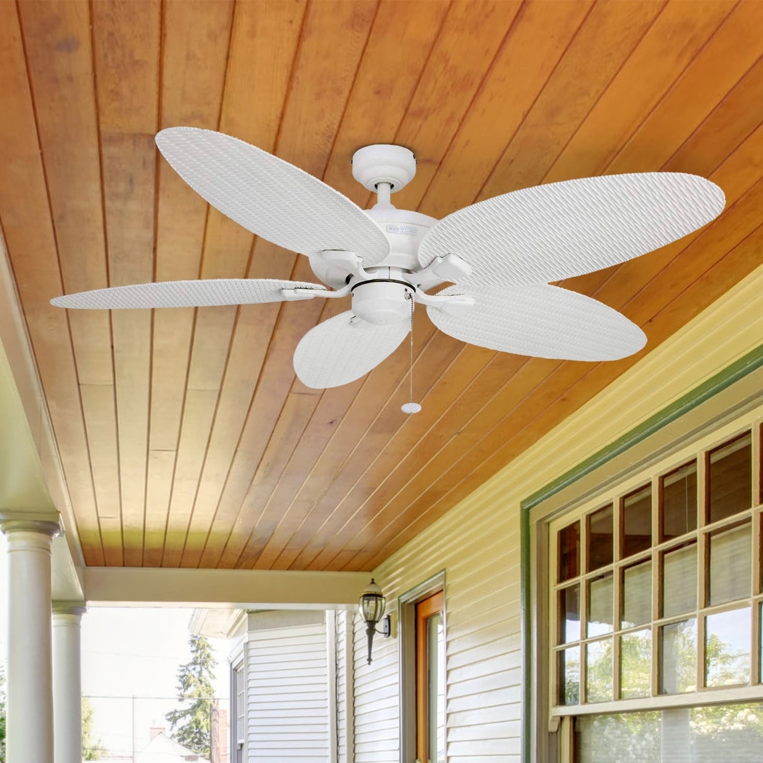 Honeywell Duvall Tropical Ceiling Fan Five Wet Rated Wicker Blades Indoor Outdoor White 52 Inch