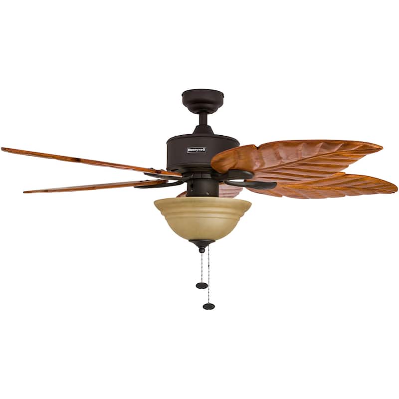 52" Honeywell Royal Palm Bronze LED Ceiling Fan with Hand Carved Solid Wood Blades