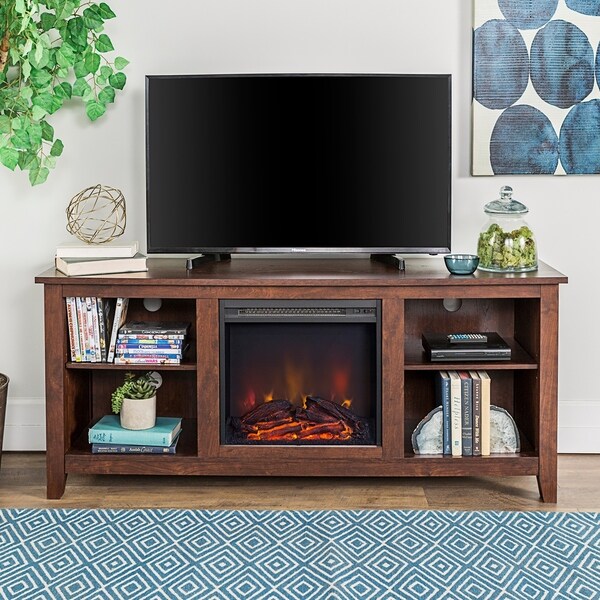 58-inch Wood Fireplace Media TV Stand Console - Traditional Brown