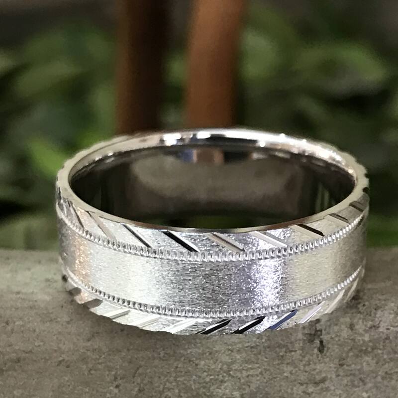 10k White Gold Mens Band 7mm Flat Brushed Polished Cuts Comfort Fit Wedding Ring