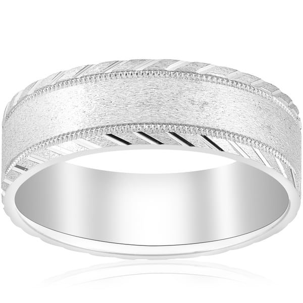 slide 1 of 4, 10k White Gold Mens Band 7mm Flat Brushed Polished Cuts Comfort Fit Wedding Ring