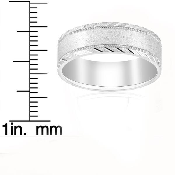 10k White Gold Mens Band 7mm Flat Brushed Polished Cuts Comfort Fit Wedding Ring