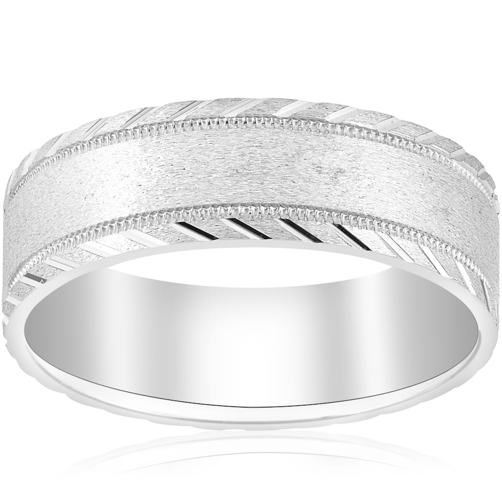 Bliss Diamond 10k White Gold Mens Band 7mm Flat Brushed Polished Cuts Comfort Fit Wedding Ring