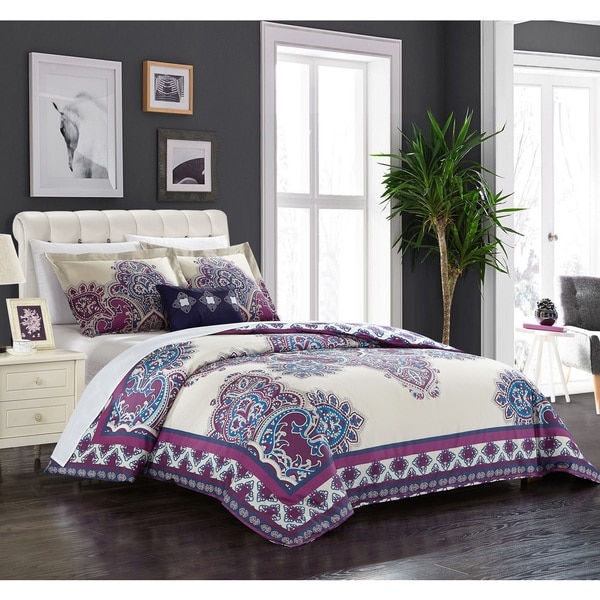 Chic Home 4-piece Taj Purple Cotton Reversible Duvet Cover Set