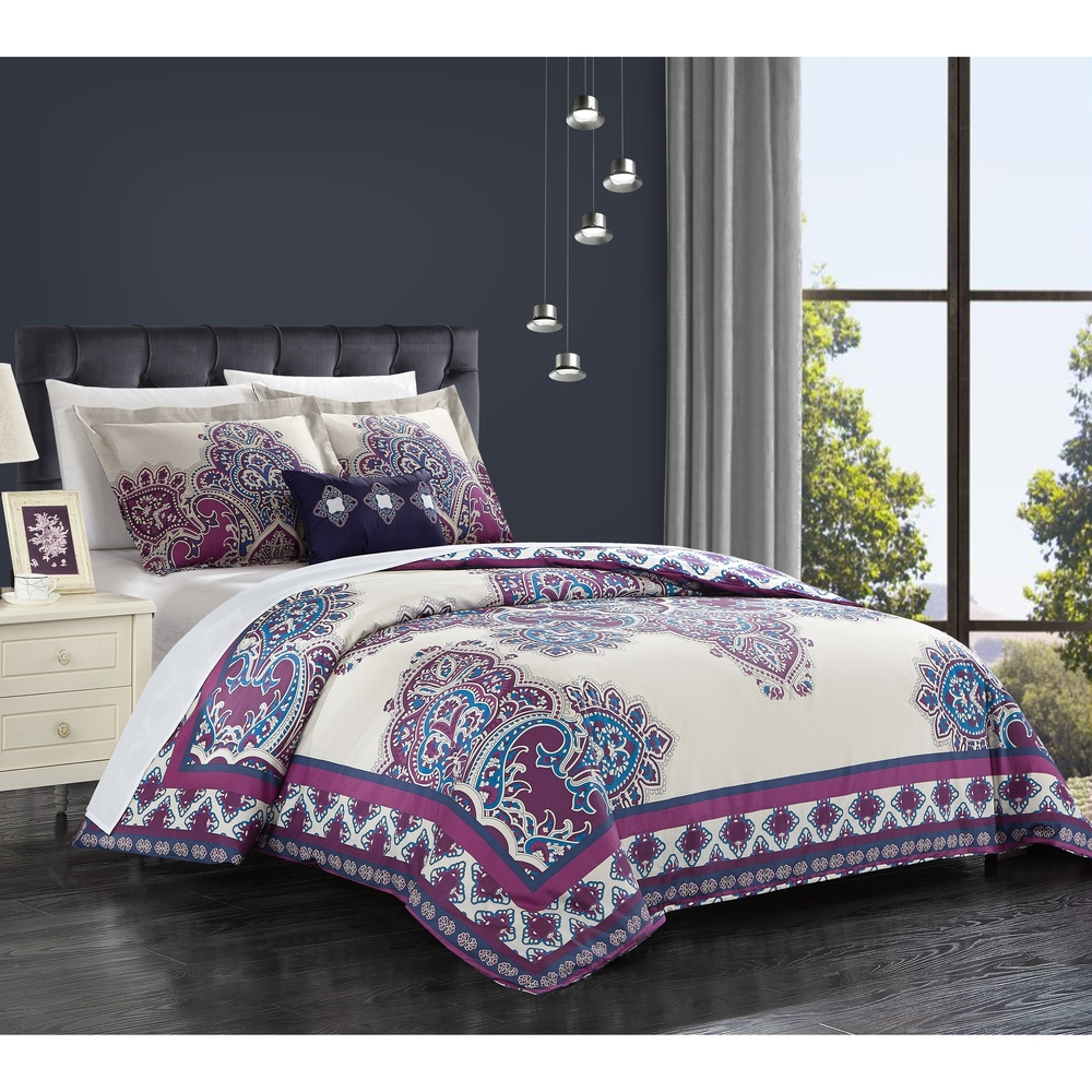 Chic Home 4-piece Taj Purple Cotton Reversible Duvet Cover Set