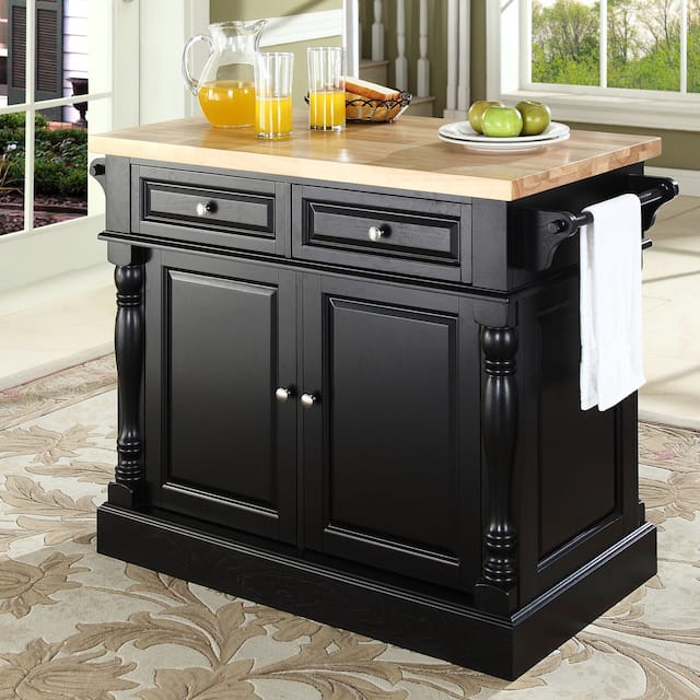 Oxford Butcher Block Top Kitchen Island in Black Finish