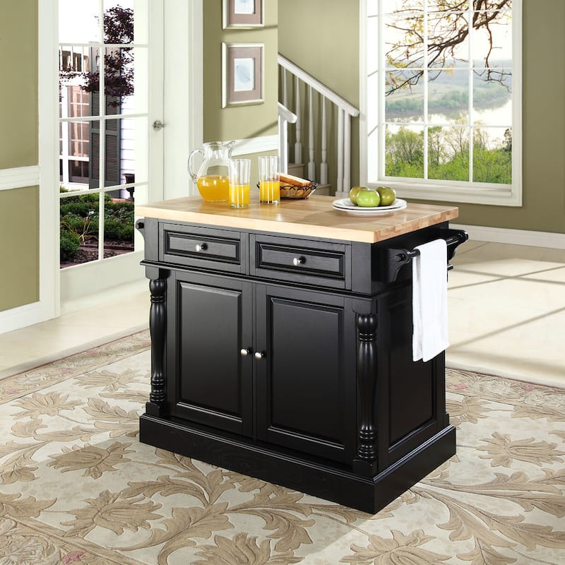 Crosley Oxford Butcher Block Top Kitchen Island in Black Finish - 23"d x 47.75"w x 35.75"h