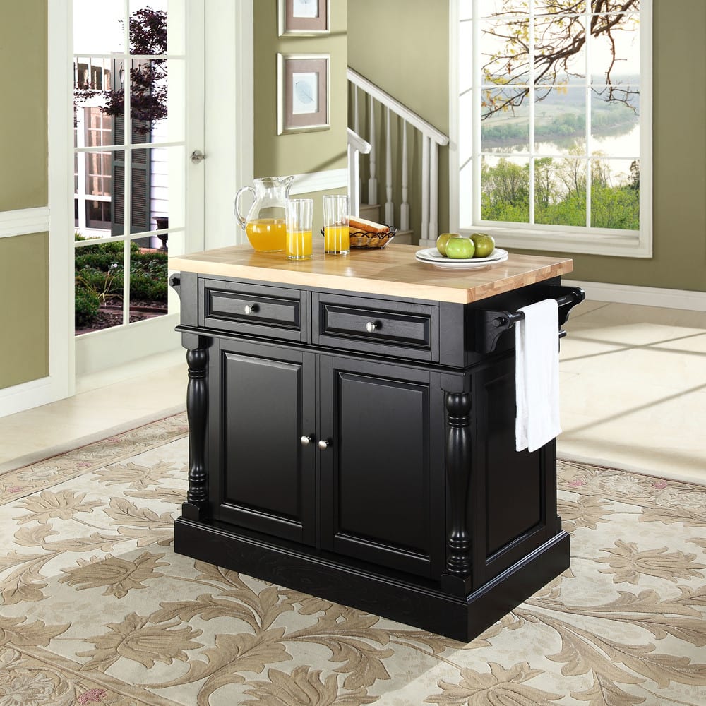 Crosley Oxford Butcher Block Top Kitchen Island in Black Finish - 23"d x 47.75"w x 35.75"h