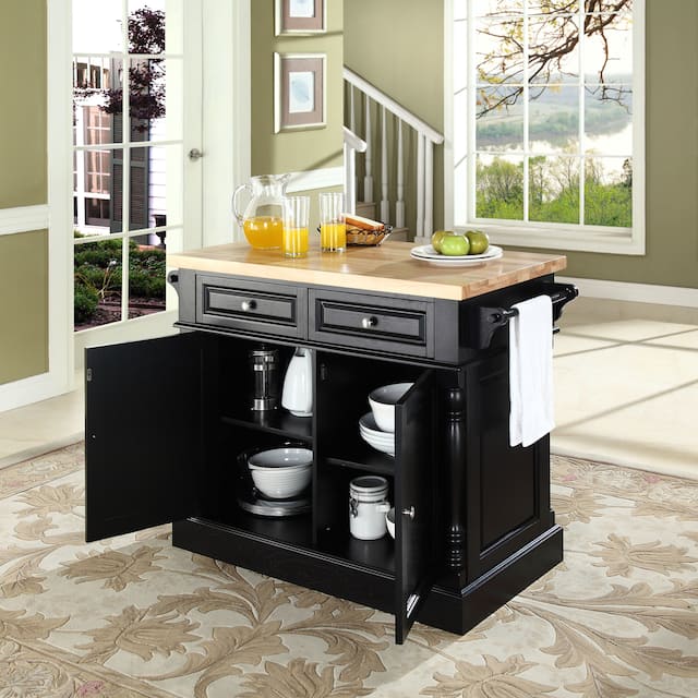 Oxford Butcher Block Top Kitchen Island in Black Finish