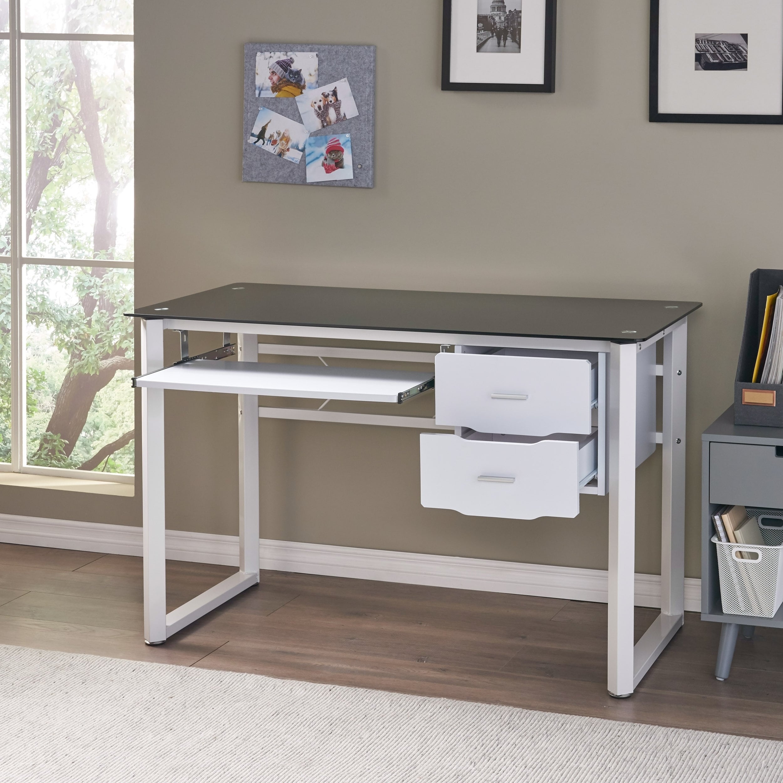 Shop Reeve Tempered Glass Computer Desk With Storage Drawers By