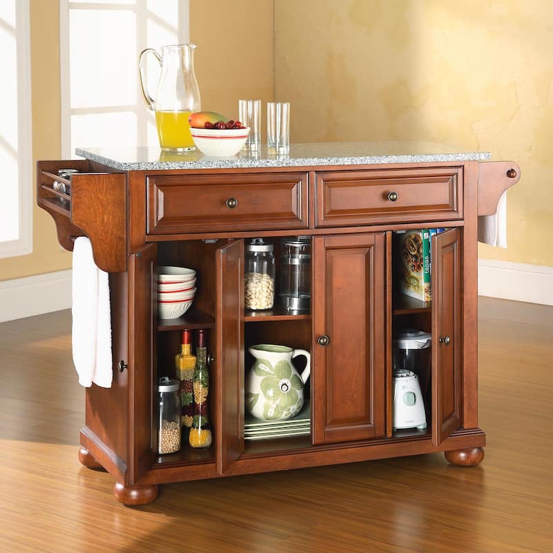 Crosley Alexandria Solid Granite Top Kitchen Island in Classic Cherry Finish - 51.5 "W x 18 "D x 34 "H