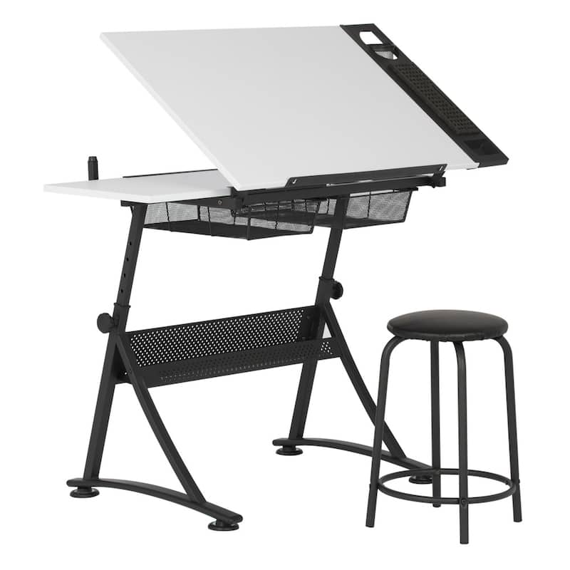 Studio Designs Fusion Craft Center Drafting Drawing Table with Adjustable Top Storage and Stool
