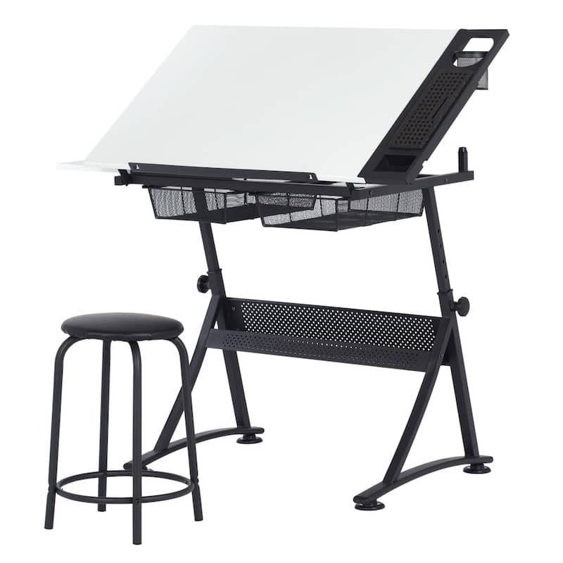 Studio Designs Fusion Craft Center Drafting Drawing Table with Adjustable Top Storage and Stool