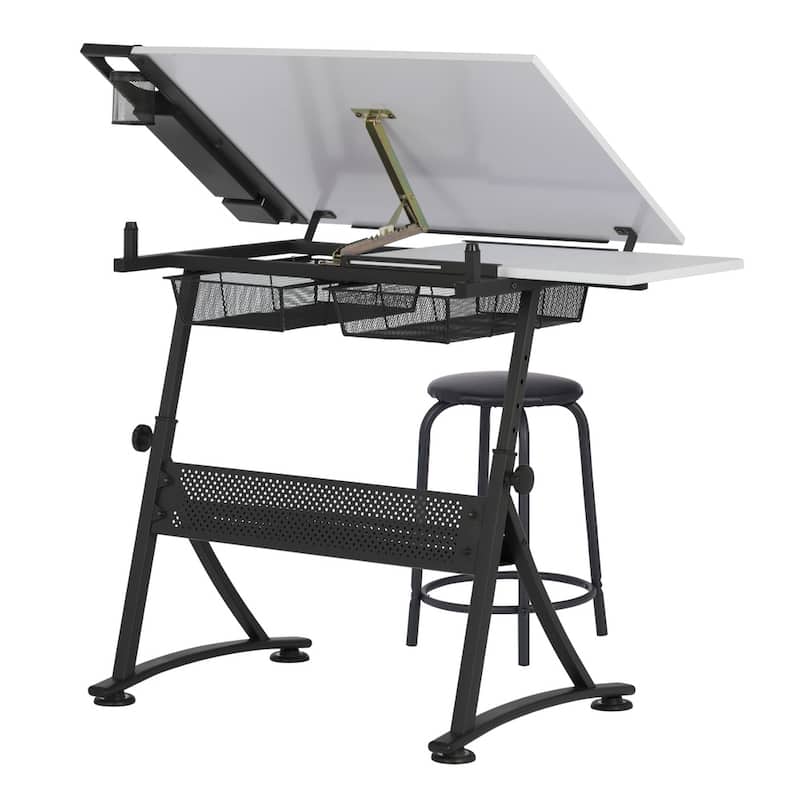 Studio Designs Fusion Craft Center Drafting Drawing Table with Adjustable Top Storage and Stool