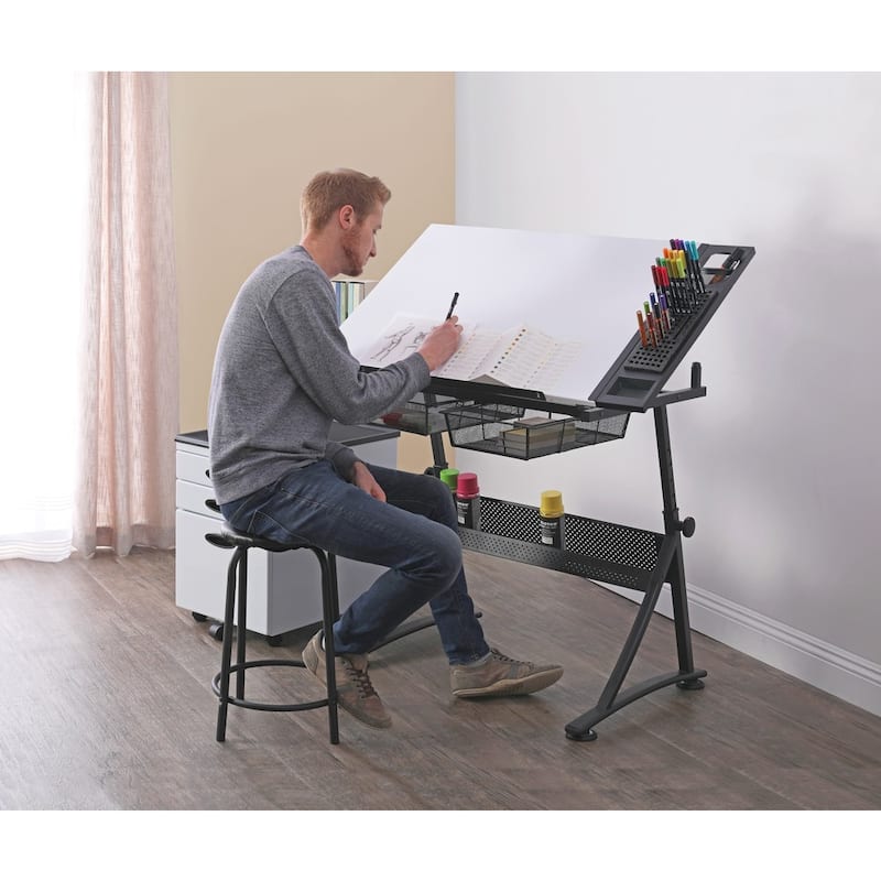 Studio Designs Fusion Craft Center Drafting Drawing Table with Adjustable Top Storage and Stool