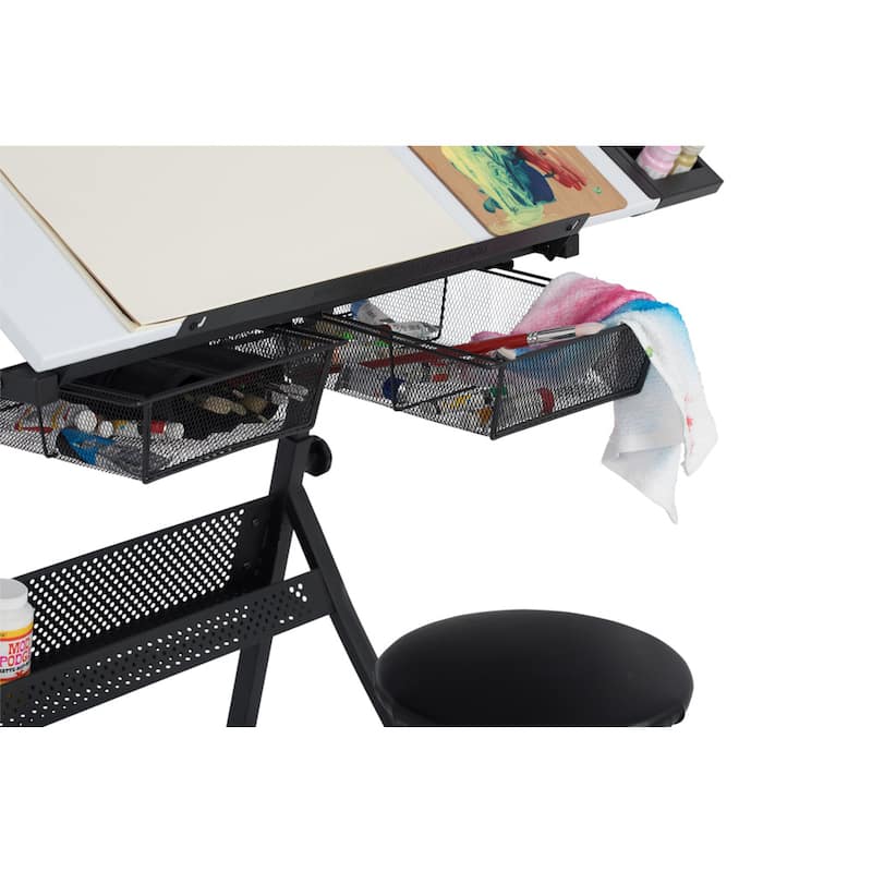 Studio Designs Fusion Craft Center Drafting Drawing Table with Adjustable Top Storage and Stool