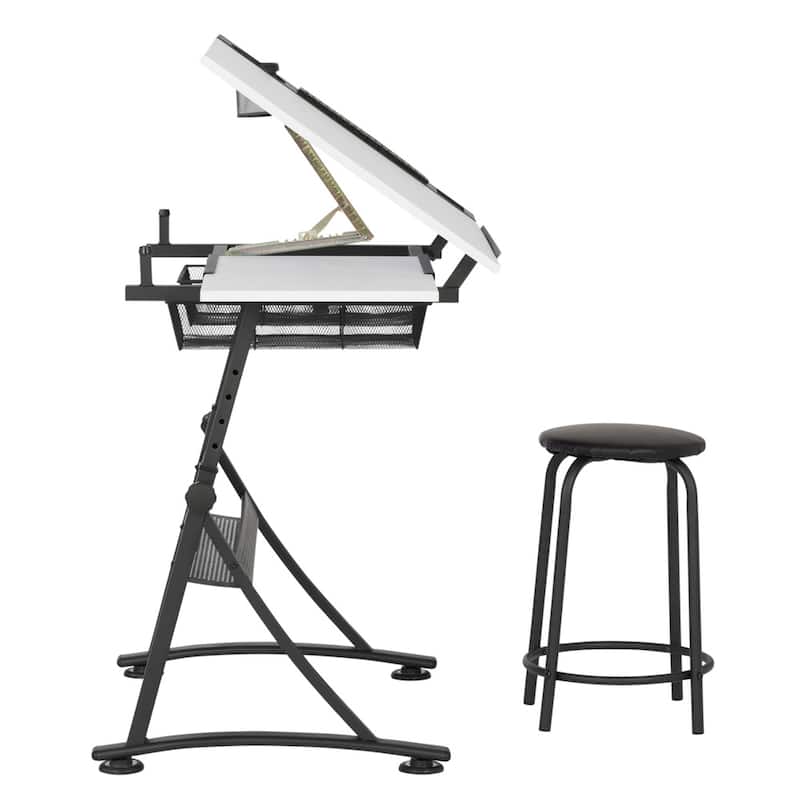 Studio Designs Fusion Craft Center Drafting Drawing Table with Adjustable Top Storage and Stool