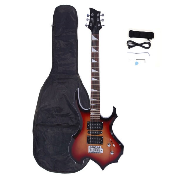 Professional Flame Type Electronic Guitar, Guitar Bag, Pick, Tremolo Bar, Link Cable Set Sunset Color