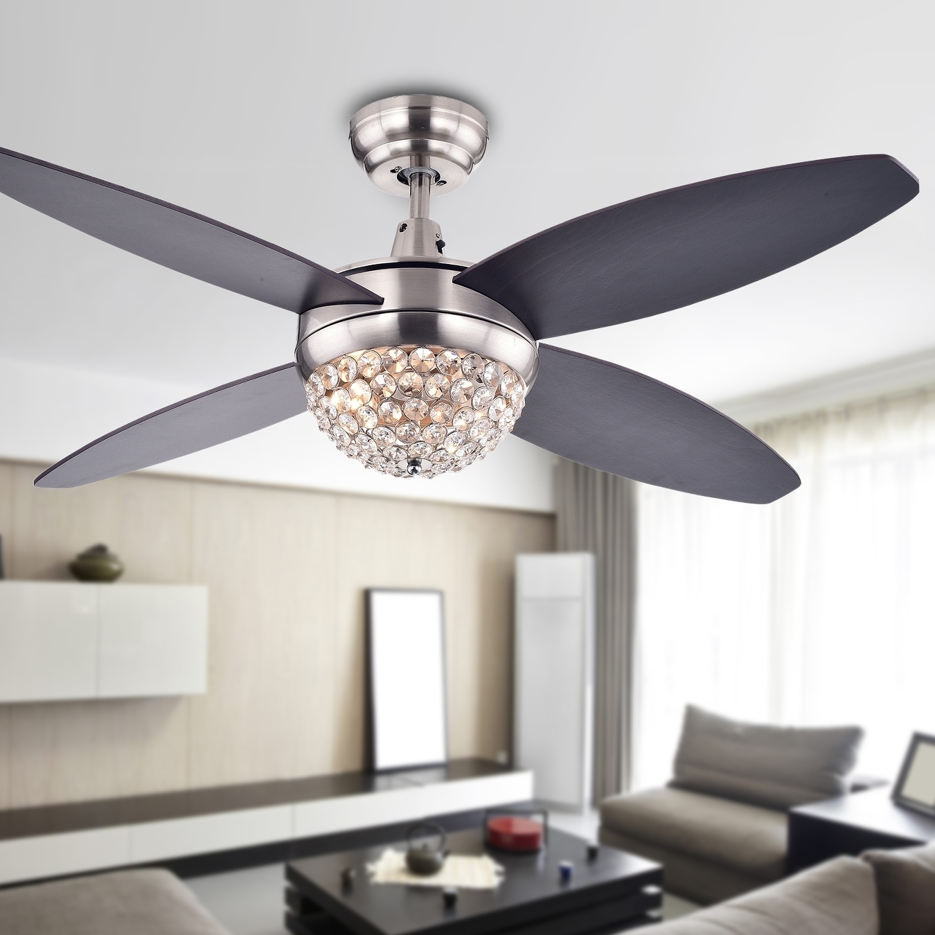Harvin 4 Blade 2 Light Wood Satin Nickel Crystal Ceiling Fan With Remote Brown