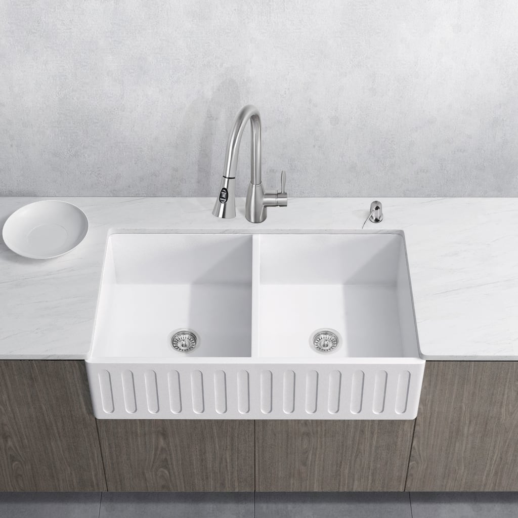 VIGO Matte Stone Double Bowl Kitchen Sink Set with Aylesbury Faucet - 33" L x 18" W x 9 5/8" D
