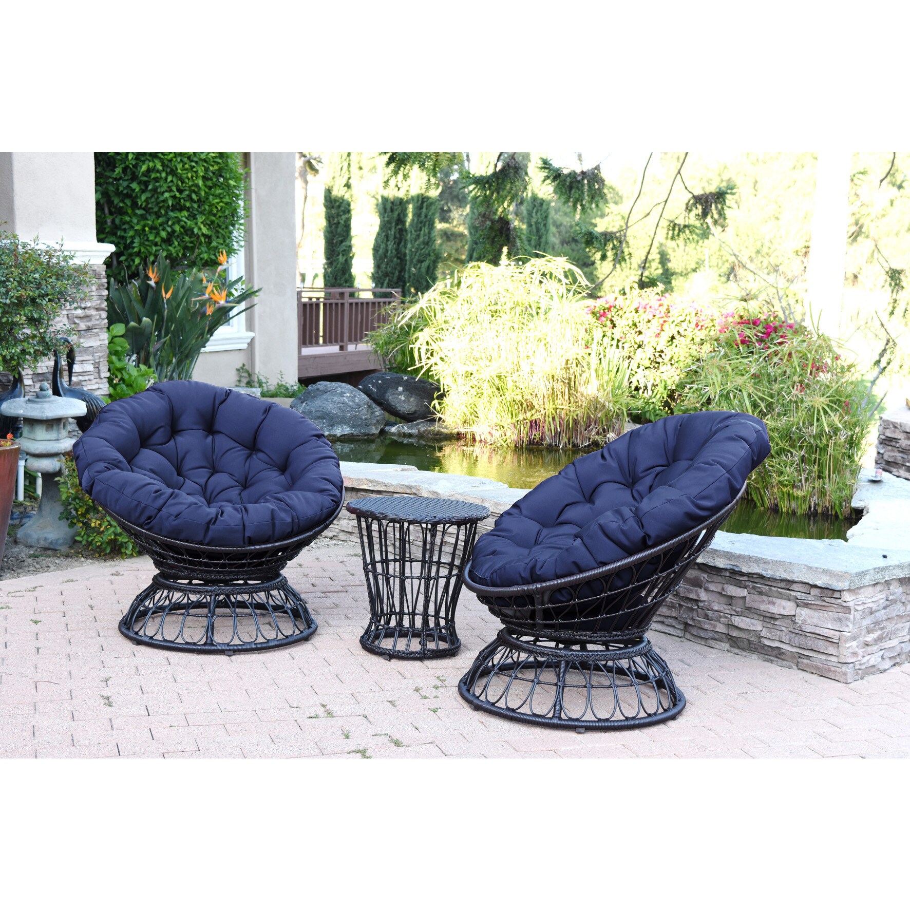 Shop Jeco Papasan Espresso Wicker Swivel Chair And Table Set With Cushions Overstock 16050973