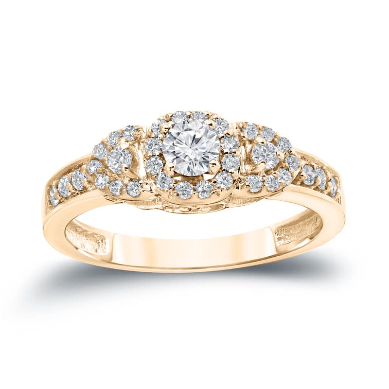 Auriya Unique 1/2ct TDW Round 3-Stone Diamond Halo Engagement Ring 14k Gold