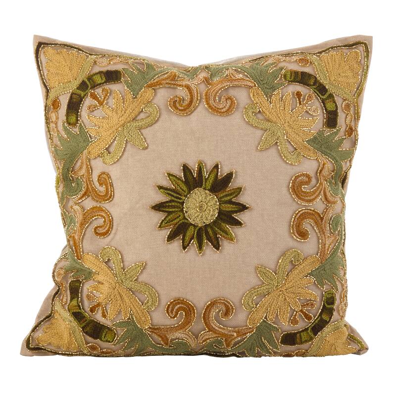 Embroidered Floral Design Beaded Cotton Poly Filled Throw Pillow