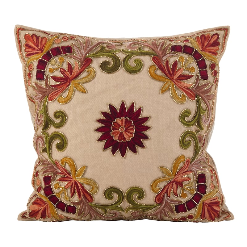 Embroidered Floral Design Beaded Cotton Poly Filled Throw Pillow