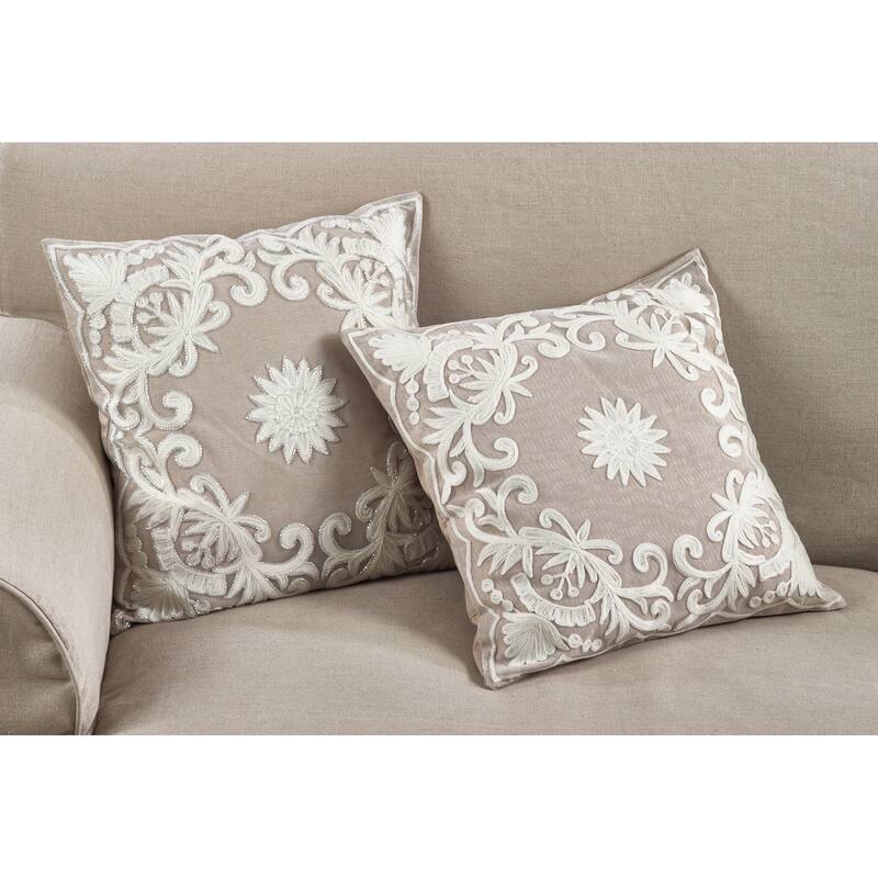 Embroidered Floral Design Beaded Cotton Poly Filled Throw Pillow