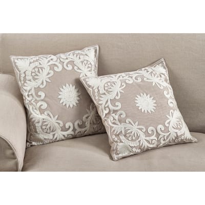 Embroidered Floral Design Beaded Cotton Poly Filled Throw Pillow