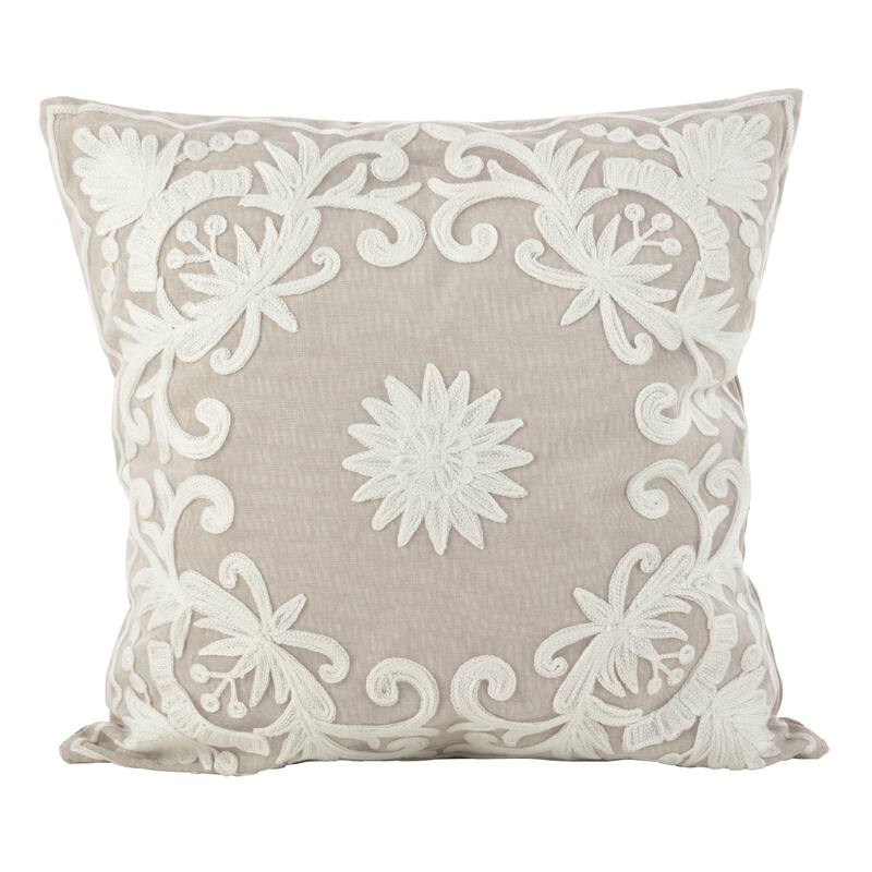 Embroidered Floral Design Cotton Poly Filled Throw Pillow - Ivory