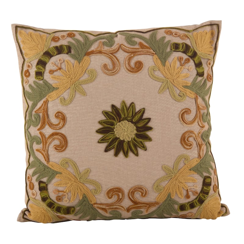 Embroidered Floral Design Cotton Poly Filled Throw Pillow - Green