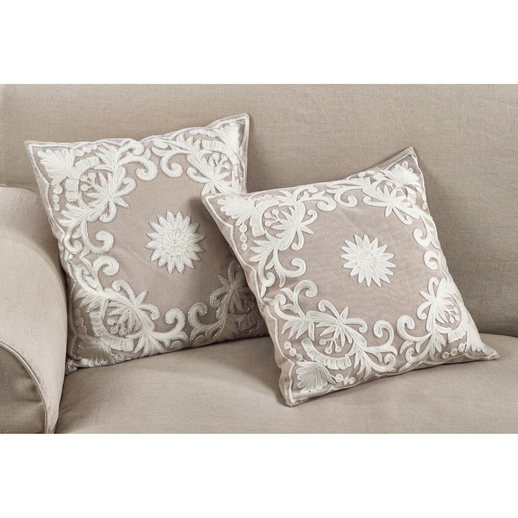 Embroidered Floral Design Cotton Poly Filled Throw Pillow