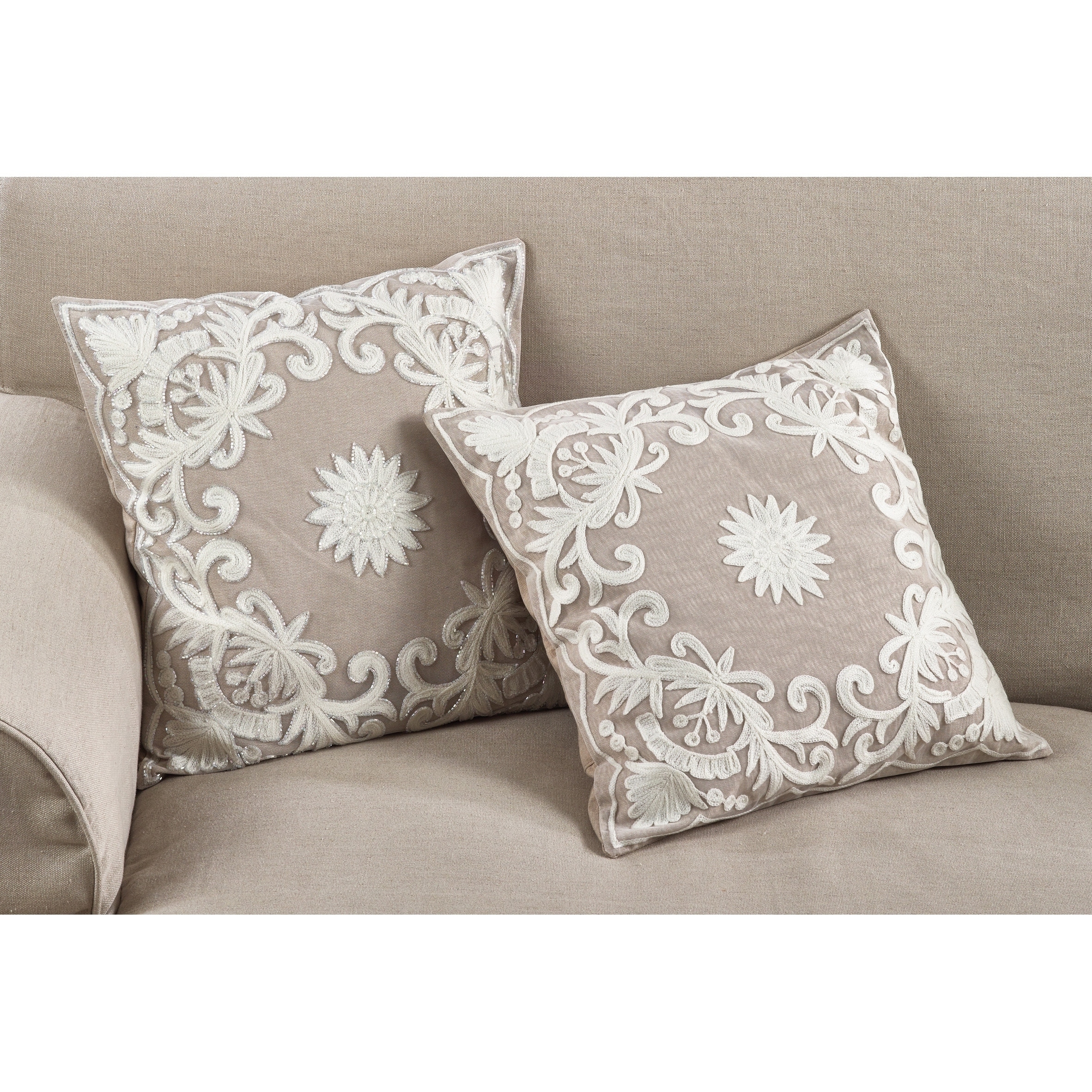 Embroidered Floral Design Cotton Poly Filled Throw Pillow