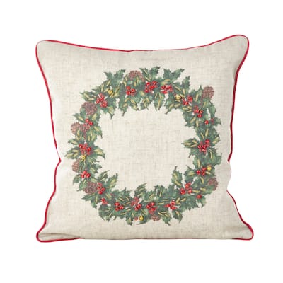 Holly Wreath Jingle Bell Christmas Poly Filled Throw Pillow
