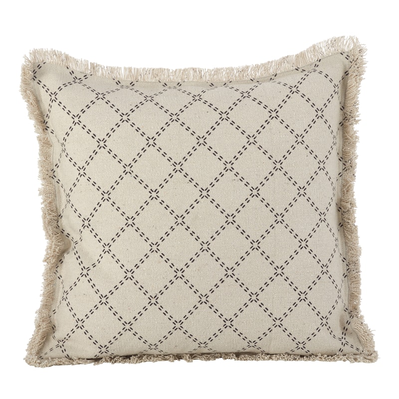 Diamond Design Fringe Trim Cotton Down Filled Throw Pillow
