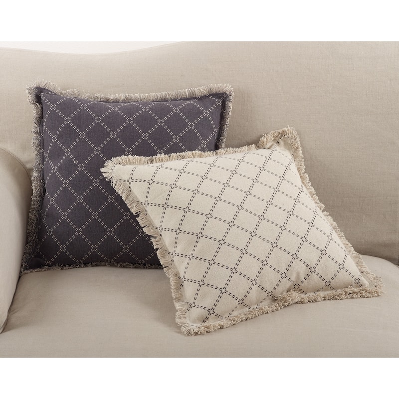 Diamond Design Fringe Trim Cotton Down Filled Throw Pillow