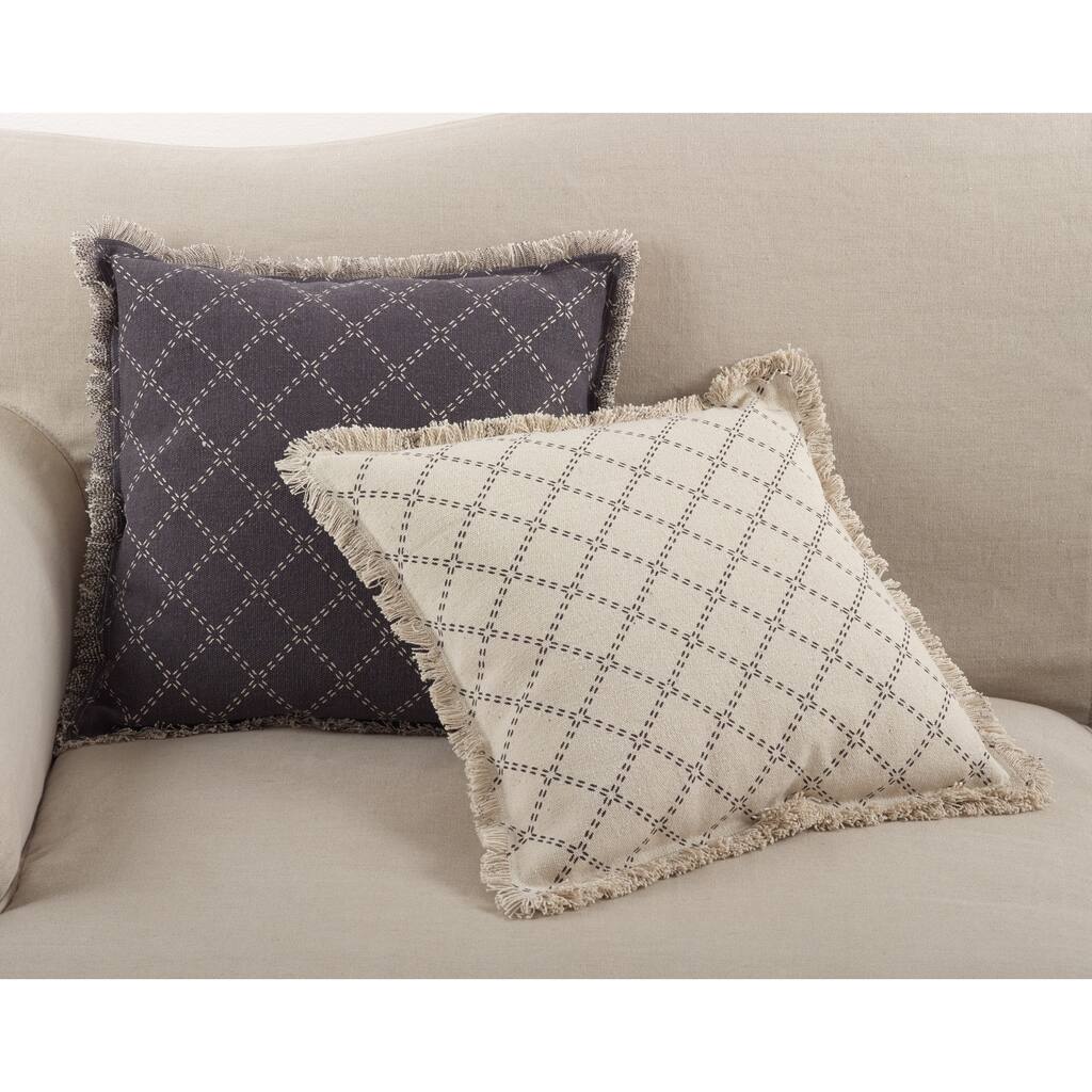 Diamond Design Fringe Trim Cotton Down Filled Throw Pillow