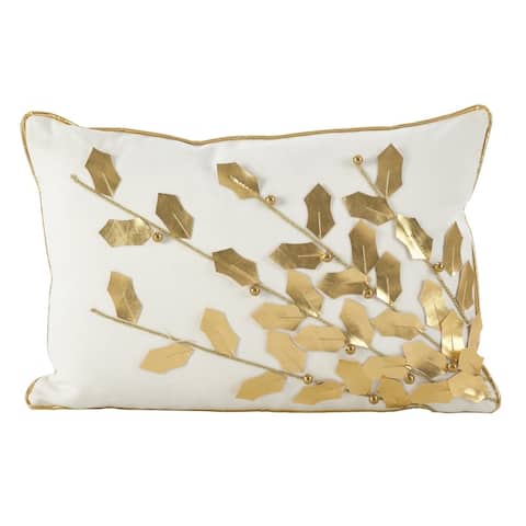 Metallic Poinsettia Branch Design Holiday Cotton Poly Filled Throw Pillow