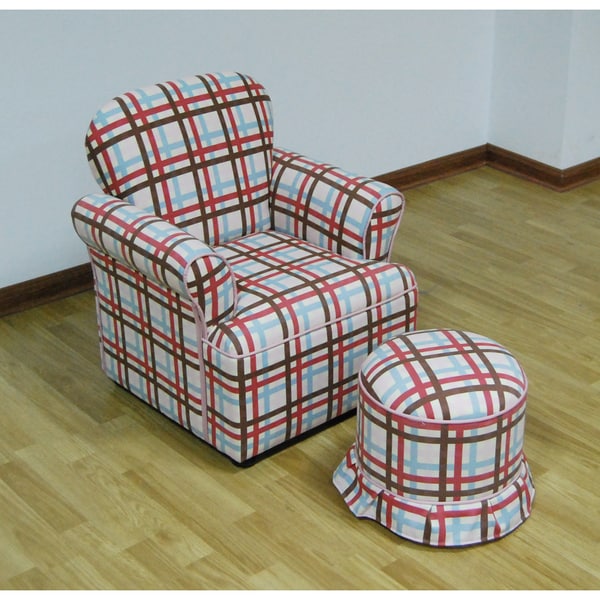 ROLLED ARM CHAIR WITH ROUND OTTOMAN/PLAID