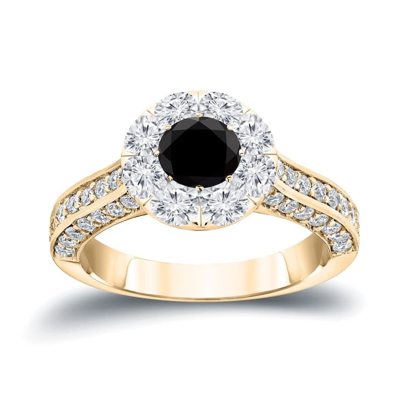 Auriya 14k Gold 1 3/4ctw Halo Black Diamond Engagement Ring (H-I, I1-I2) - 4 - Yellow