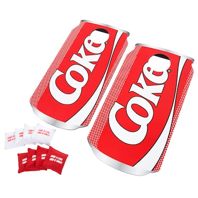 Coca Cola Cornhole Outdoor Game Set, 2 Wooden Coke Can-Shaped Corn Hole Toss Boards with 8 Bean Bags by Hey! Play!